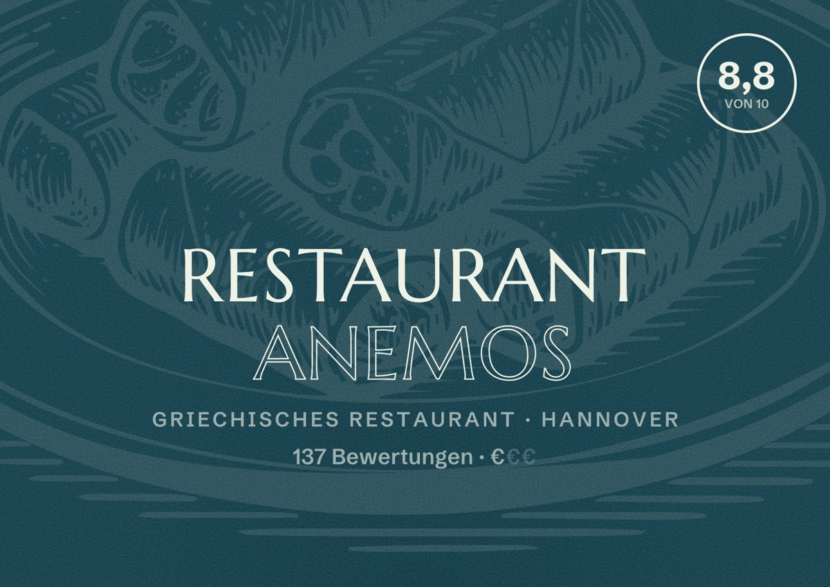 Illustriertes Poster von Restaurant Anemos, Griechisches Restaurant in Hannover: Bewertung 8,8 von 10 aus 137 Bewertungen, Preisniveau €