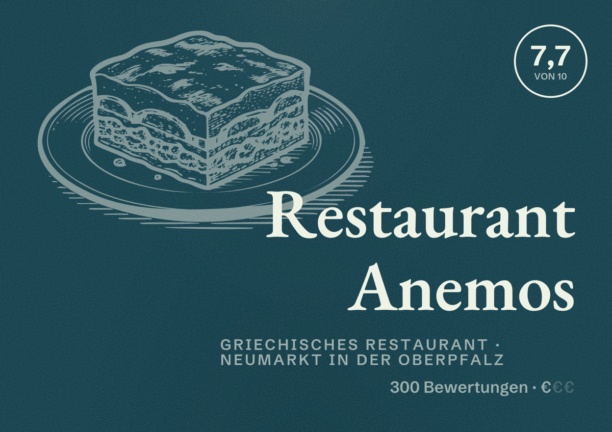 Illustriertes Poster von Restaurant Anemos, Griechisches Restaurant in Neumarkt in der Oberpfalz: Bewertung 7,7 von 10 aus 300 Bewertungen, Preisniveau €