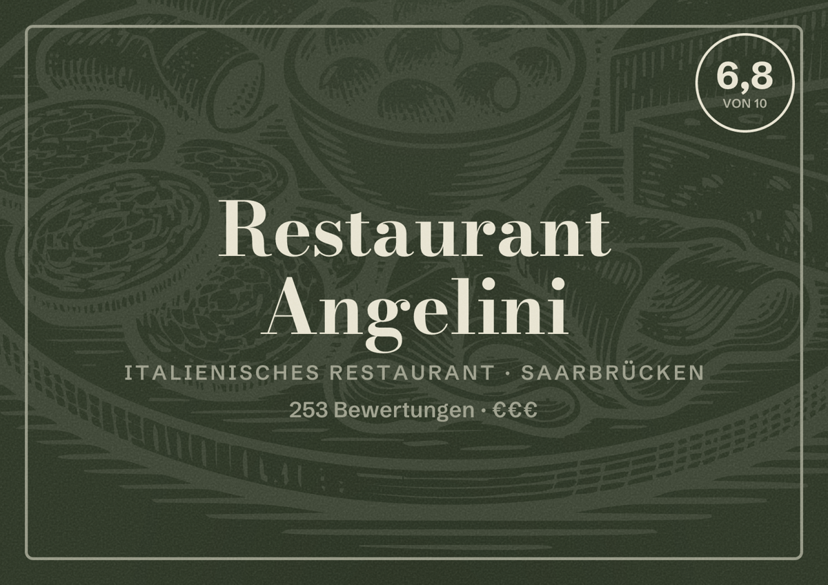 Illustriertes Poster von Restaurant Angelini, Italienisches Restaurant in Saarbrücken: Bewertung 6,8 von 10 aus 253 Bewertungen, Preisniveau €€€