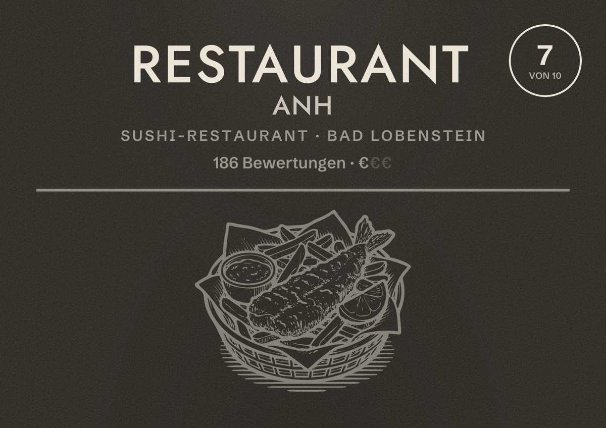Illustriertes Poster von Restaurant Anh, Sushi-Restaurant in Bad Lobenstein: Bewertung 7 von 10 aus 186 Bewertungen, Preisniveau €