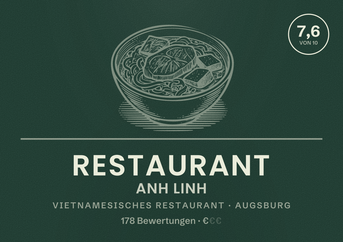 Illustriertes Poster von Restaurant Anh Linh, Vietnamesisches Restaurant in Augsburg: Bewertung 7,6 von 10 aus 178 Bewertungen, Preisniveau €