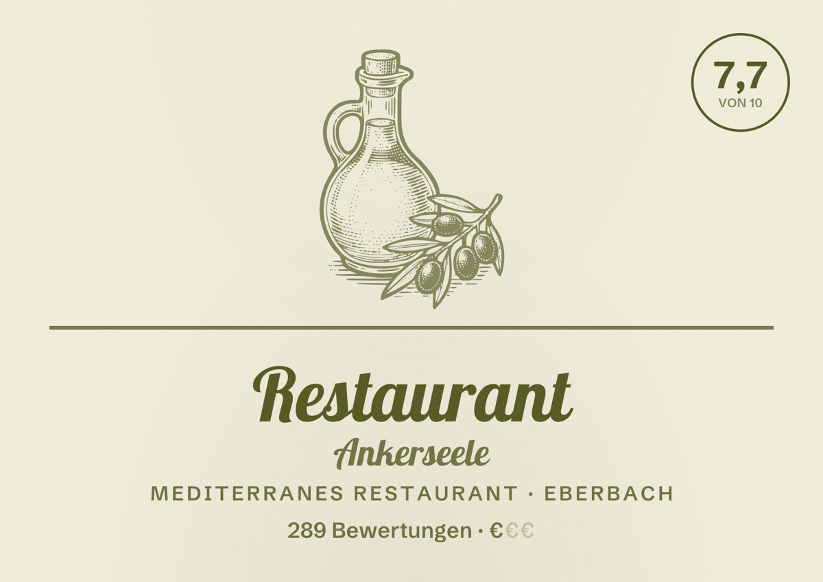 Illustriertes Poster von Restaurant Ankerseele, Mediterranes Restaurant in Eberbach: Bewertung 7,7 von 10 aus 289 Bewertungen, Preisniveau €