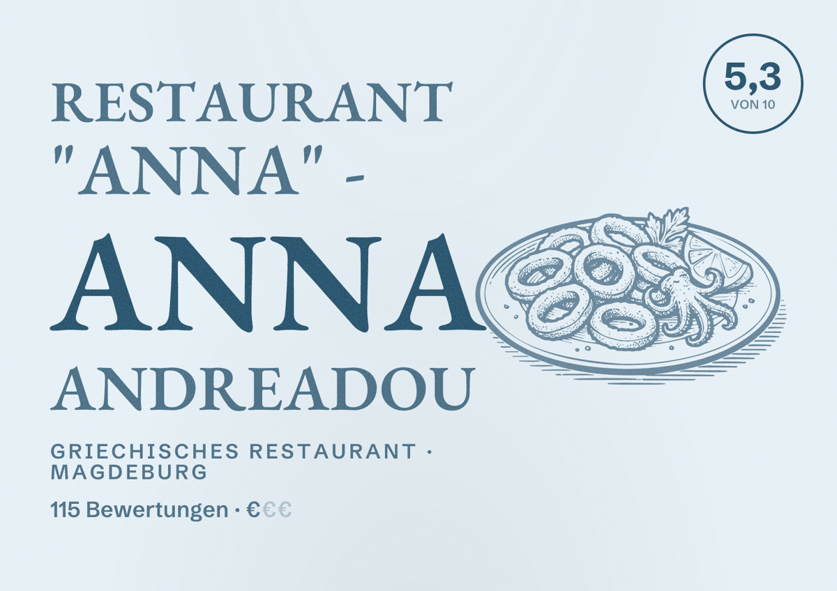 Illustriertes Poster von Restaurant "Anna" - Anna Andreadou, Griechisches Restaurant in Magdeburg: Bewertung 5,3 von 10 aus 115 Bewertungen, Preisniveau €