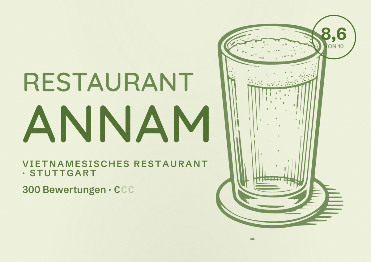 Illustriertes Poster von Restaurant Annam, Vietnamesisches Restaurant in Stuttgart: Bewertung 8,6 von 10 aus 300 Bewertungen, Preisniveau €