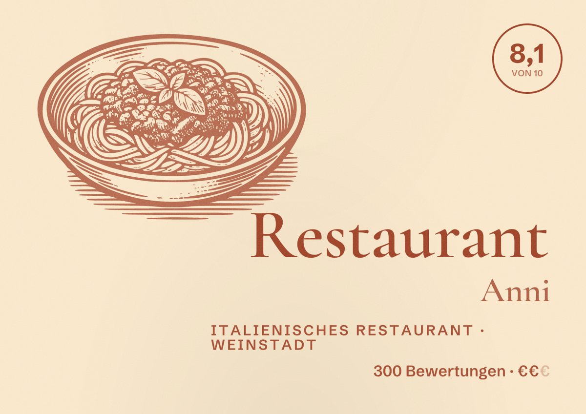 Illustriertes Poster von Restaurant Anni, Italienisches Restaurant in Weinstadt: Bewertung 8,1 von 10 aus 300 Bewertungen, Preisniveau €€