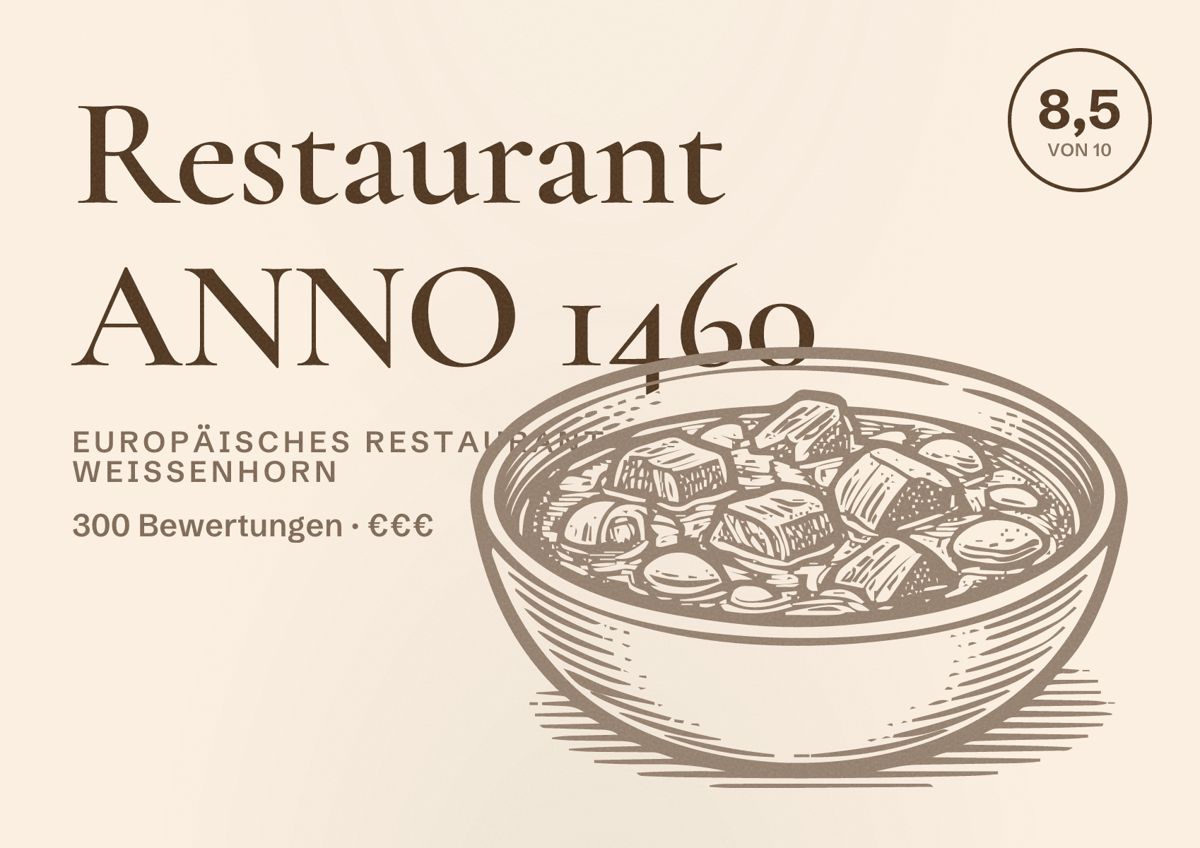 Illustriertes Poster von Restaurant ANNO 1460, Europäisches Restaurant in Weißenhorn: Bewertung 8,5 von 10 aus 300 Bewertungen, Preisniveau €€€