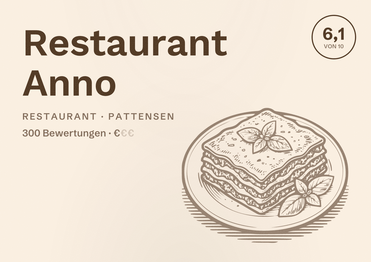 Illustriertes Poster von Restaurant Anno, Restaurant in Pattensen: Bewertung 6,1 von 10 aus 300 Bewertungen, Preisniveau €