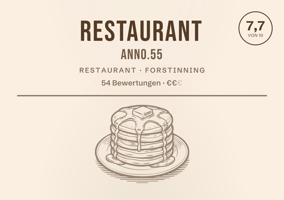 Illustriertes Poster von Restaurant Anno.55, Restaurant in Forstinning: Bewertung 7,7 von 10 aus 54 Bewertungen, Preisniveau €€
