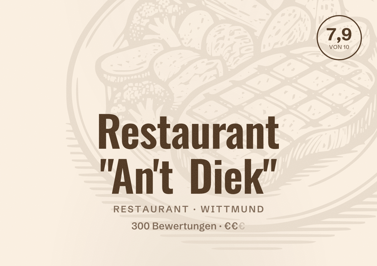 Illustriertes Poster von Restaurant "An't Diek", Restaurant in Wittmund: Bewertung 7,9 von 10 aus 300 Bewertungen, Preisniveau €€