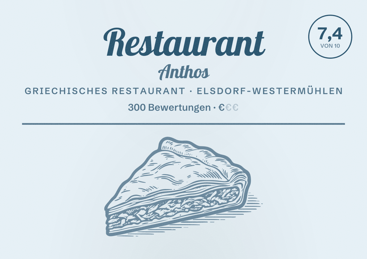 Illustriertes Poster von Restaurant Anthos, Griechisches Restaurant in Elsdorf-Westermühlen: Bewertung 7,4 von 10 aus 300 Bewertungen, Preisniveau €
