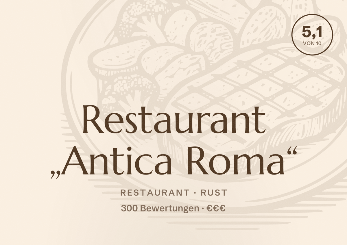 Illustriertes Poster von Restaurant „Antica Roma“, Restaurant in Rust: Bewertung 5,1 von 10 aus 300 Bewertungen, Preisniveau €€€