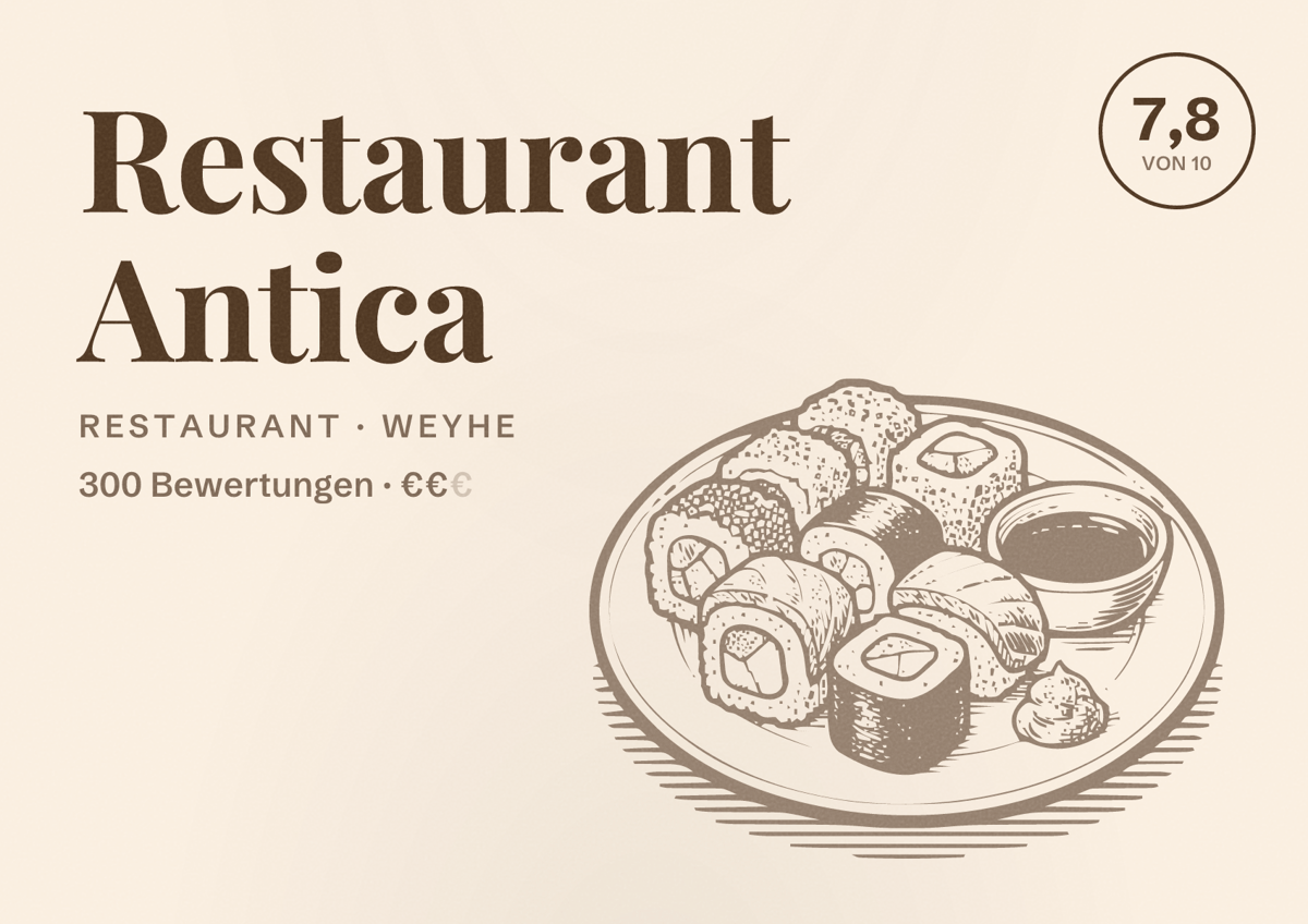 Illustriertes Poster von Restaurant Antica, Restaurant in Weyhe: Bewertung 7,8 von 10 aus 300 Bewertungen, Preisniveau €€