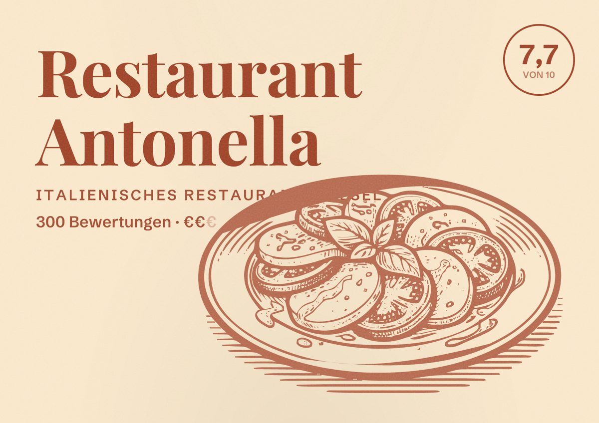 Illustriertes Poster von Restaurant Antonella, Italienisches Restaurant in Wesel: Bewertung 7,7 von 10 aus 300 Bewertungen, Preisniveau €€