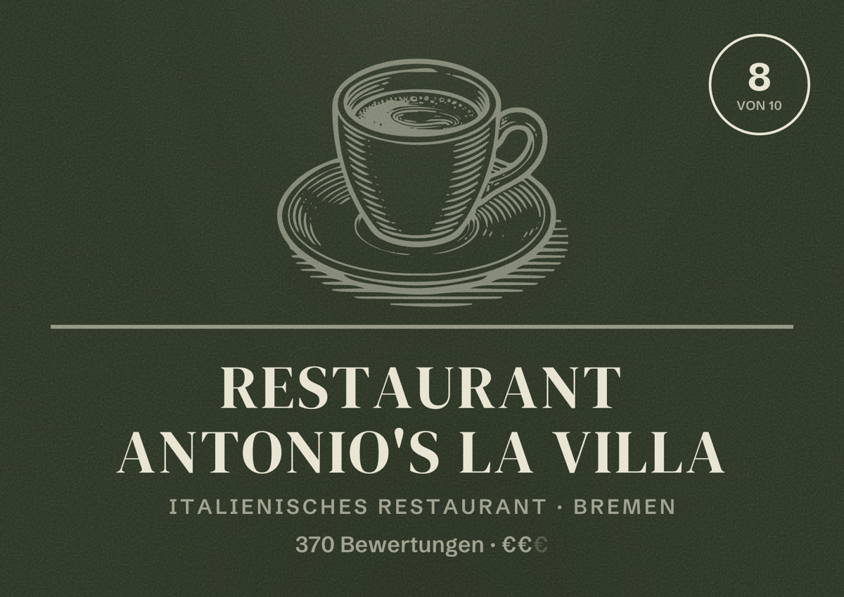 Illustriertes Poster von Restaurant Antonio's La Villa, Italienisches Restaurant in Bremen: Bewertung 8 von 10 aus 370 Bewertungen, Preisniveau €€