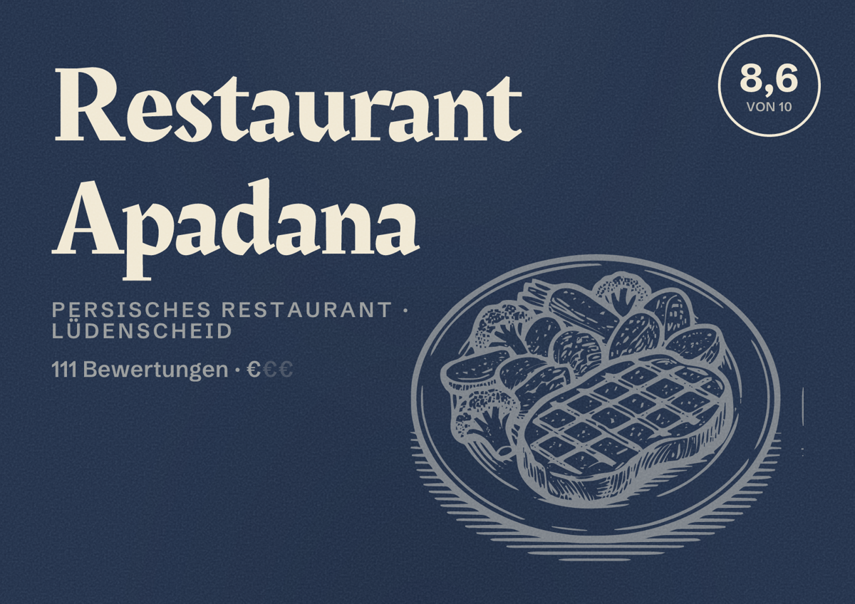 Illustriertes Poster von Restaurant Apadana, Persisches Restaurant in Lüdenscheid: Bewertung 8,6 von 10 aus 111 Bewertungen, Preisniveau €
