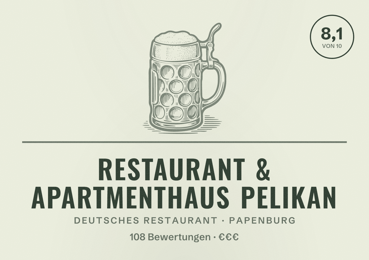 Illustriertes Poster von Restaurant & Apartmenthaus Pelikan, Deutsches Restaurant in Papenburg: Bewertung 8,1 von 10 aus 108 Bewertungen, Preisniveau €€€