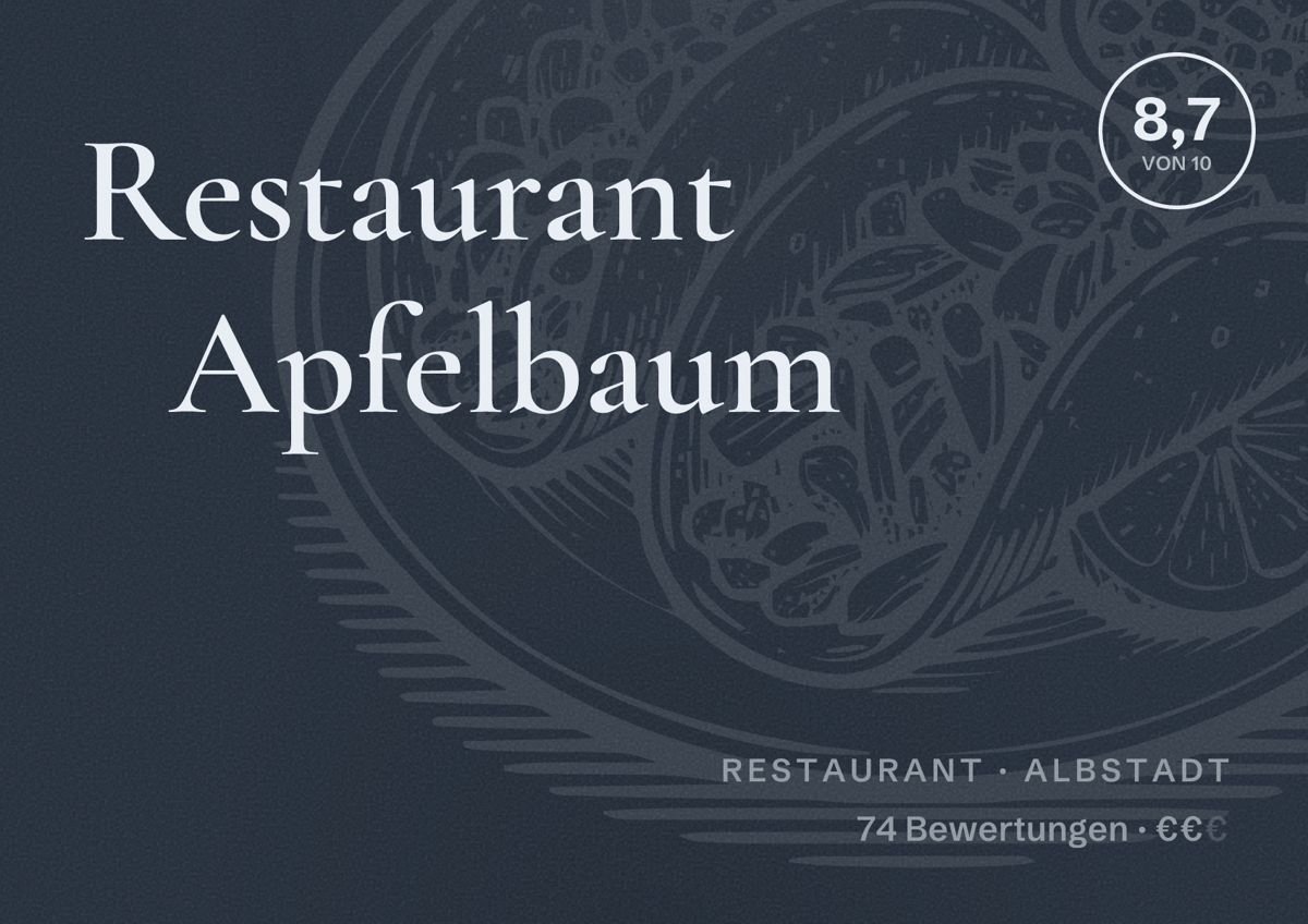 Illustriertes Poster von Restaurant Apfelbaum, Restaurant in Albstadt: Bewertung 8,7 von 10 aus 74 Bewertungen, Preisniveau €€
