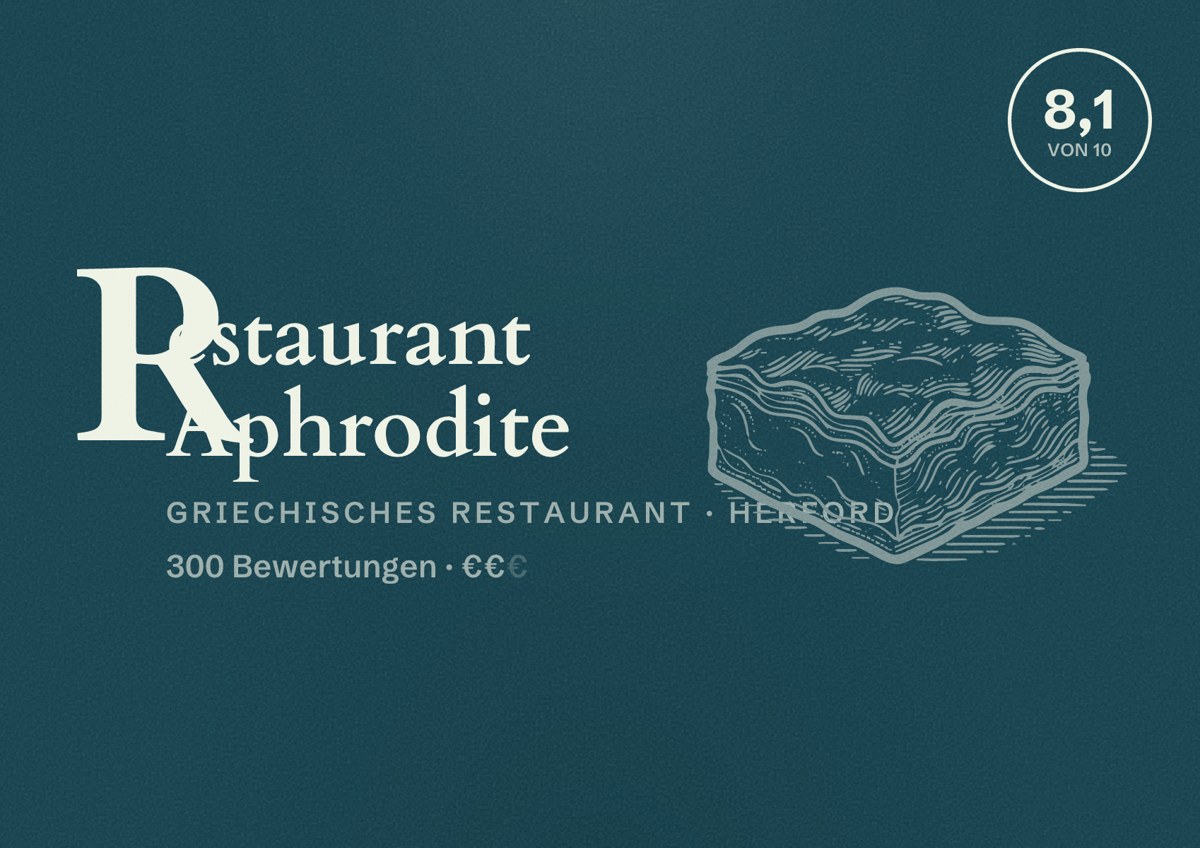 Illustriertes Poster von Restaurant Aphrodite, Griechisches Restaurant in Herford: Bewertung 8,1 von 10 aus 300 Bewertungen, Preisniveau €€