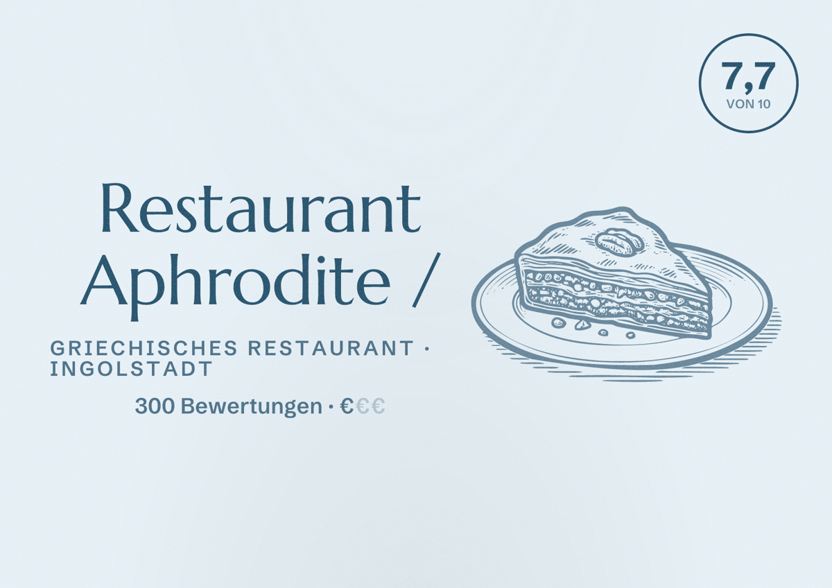 Illustriertes Poster von Restaurant Aphrodite /, Griechisches Restaurant in Ingolstadt: Bewertung 7,7 von 10 aus 300 Bewertungen, Preisniveau €