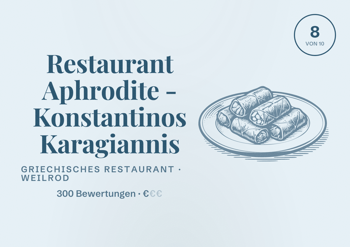 Illustriertes Poster von Restaurant Aphrodite - Konstantinos Karagiannis, Griechisches Restaurant in Weilrod: Bewertung 8 von 10 aus 300 Bewertungen, Preisniveau €