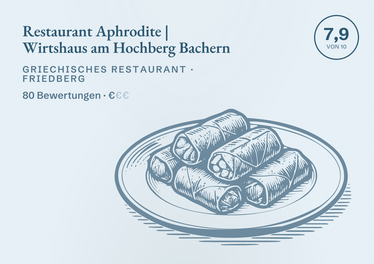 Illustriertes Poster von Restaurant Aphrodite | Wirtshaus am Hochberg Bachern, Griechisches Restaurant in Friedberg: Bewertung 7,9 von 10 aus 80 Bewertungen, Preisniveau €