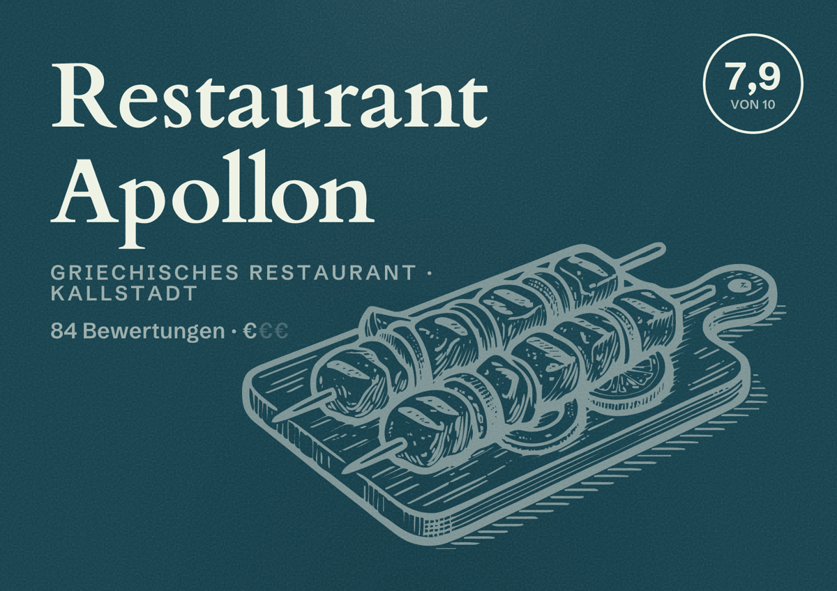 Illustriertes Poster von Restaurant Apollon, Griechisches Restaurant in Kallstadt: Bewertung 7,9 von 10 aus 84 Bewertungen, Preisniveau €