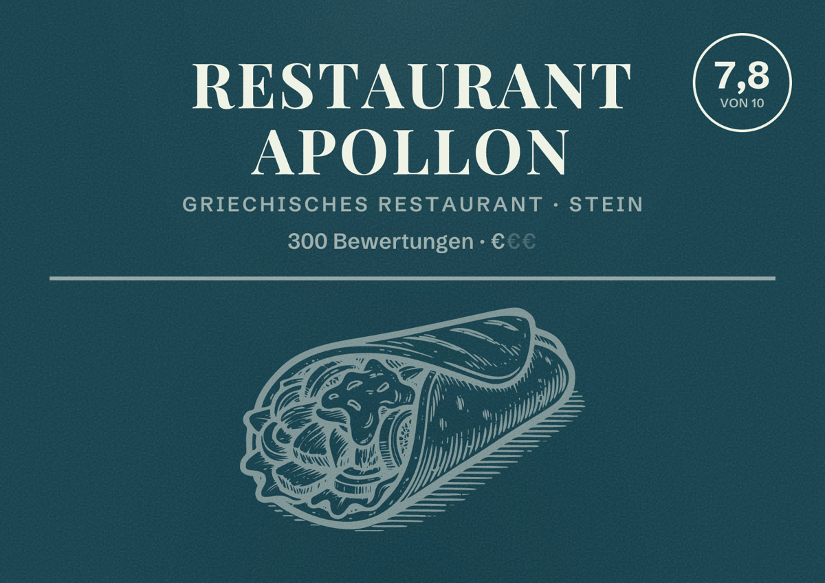 Illustriertes Poster von Restaurant Apollon, Griechisches Restaurant in Stein: Bewertung 7,8 von 10 aus 300 Bewertungen, Preisniveau €