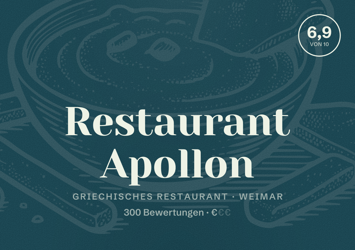 Illustriertes Poster von Restaurant Apollon, Griechisches Restaurant in Weimar: Bewertung 6,9 von 10 aus 300 Bewertungen, Preisniveau €