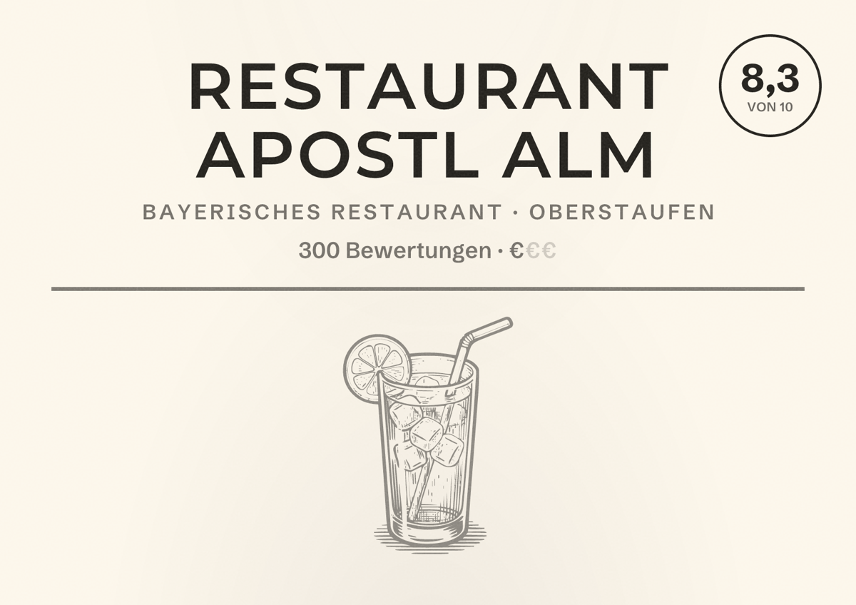 Illustriertes Poster von Restaurant Apostl Alm, Bayerisches Restaurant in Oberstaufen: Bewertung 8,3 von 10 aus 300 Bewertungen, Preisniveau €