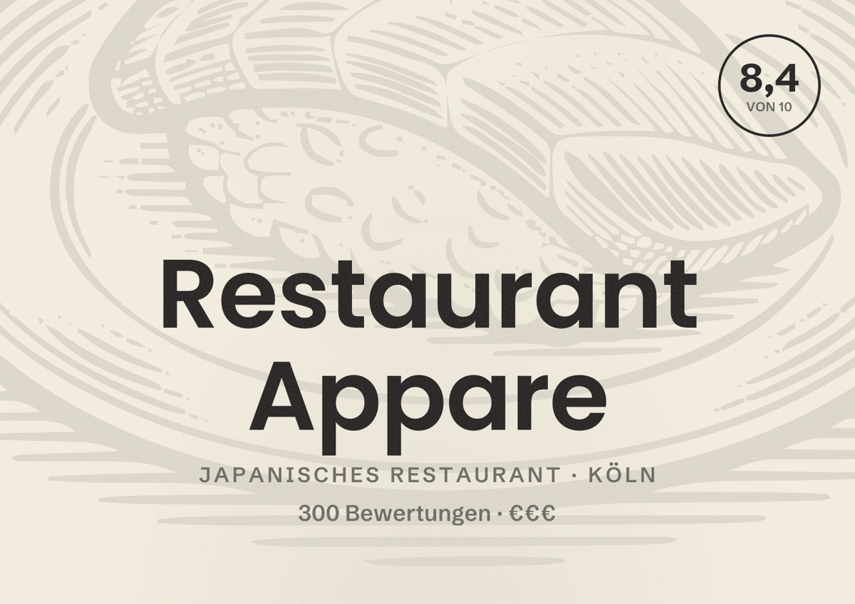 Illustriertes Poster von Restaurant Appare, Japanisches Restaurant in Köln: Bewertung 8,4 von 10 aus 300 Bewertungen, Preisniveau €€€