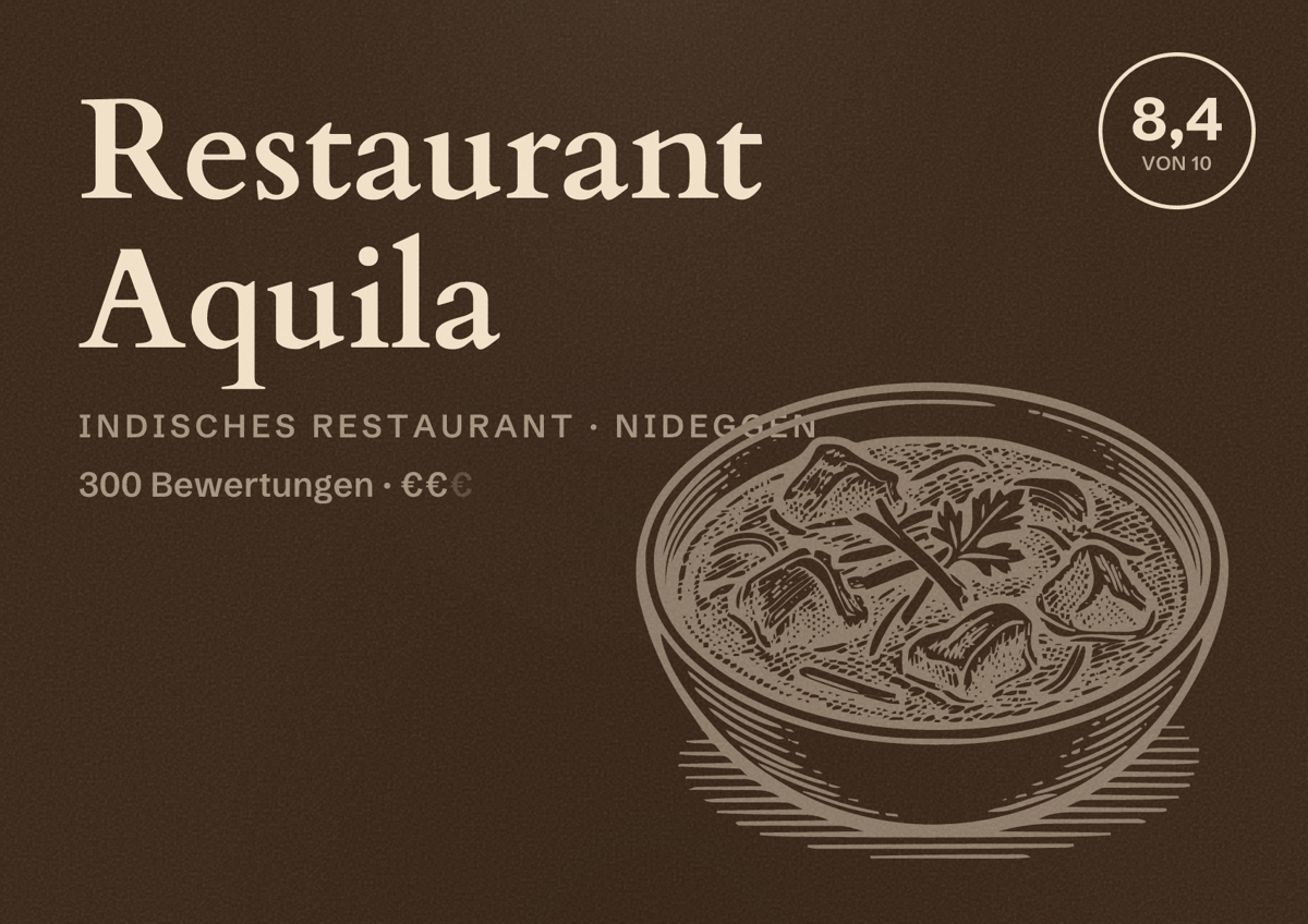 Illustriertes Poster von Restaurant Aquila, Indisches Restaurant in Nideggen: Bewertung 8,4 von 10 aus 300 Bewertungen, Preisniveau €€