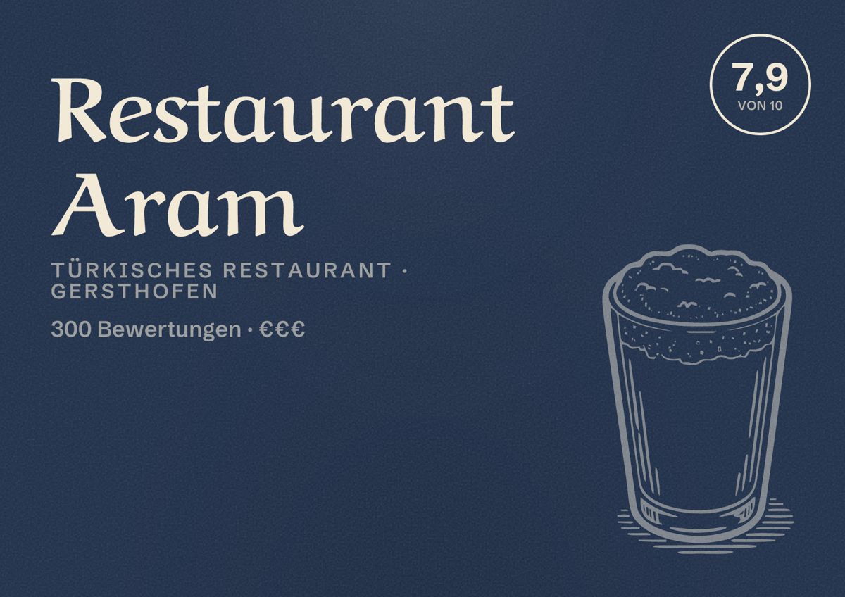 Illustriertes Poster von Restaurant Aram, Türkisches Restaurant in Gersthofen: Bewertung 7,9 von 10 aus 300 Bewertungen, Preisniveau €€€