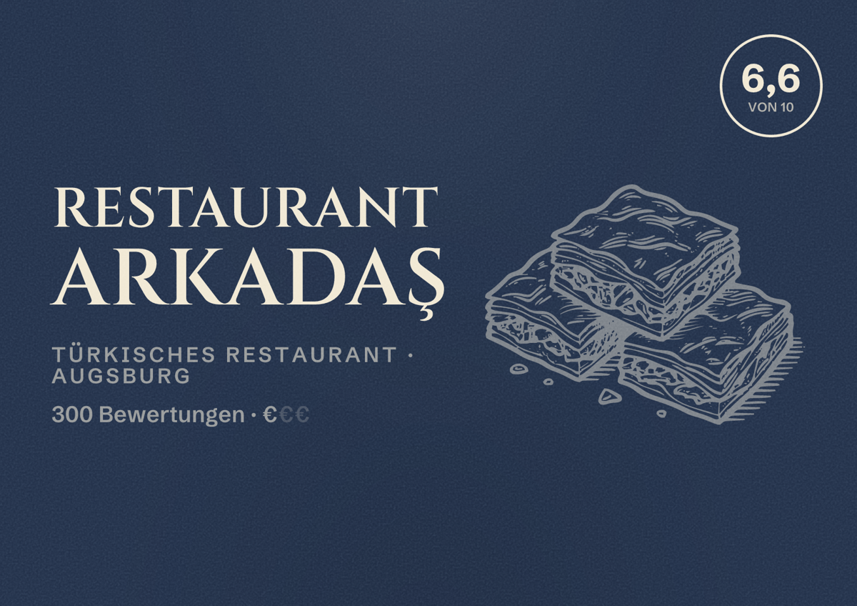 Illustriertes Poster von Restaurant Arkadaş, Türkisches Restaurant in Augsburg: Bewertung 6,6 von 10 aus 300 Bewertungen, Preisniveau €