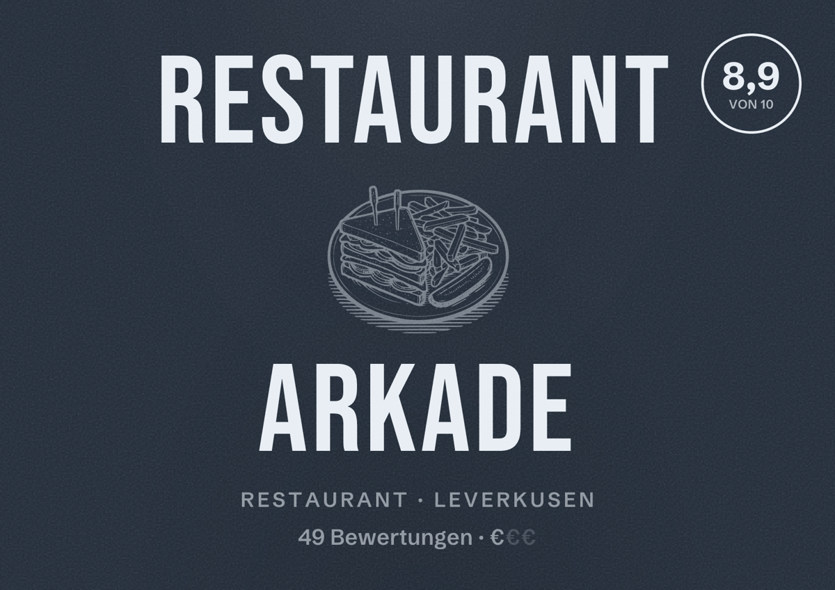 Illustriertes Poster von Restaurant Arkade, Restaurant in Leverkusen: Bewertung 8,9 von 10 aus 49 Bewertungen, Preisniveau €
