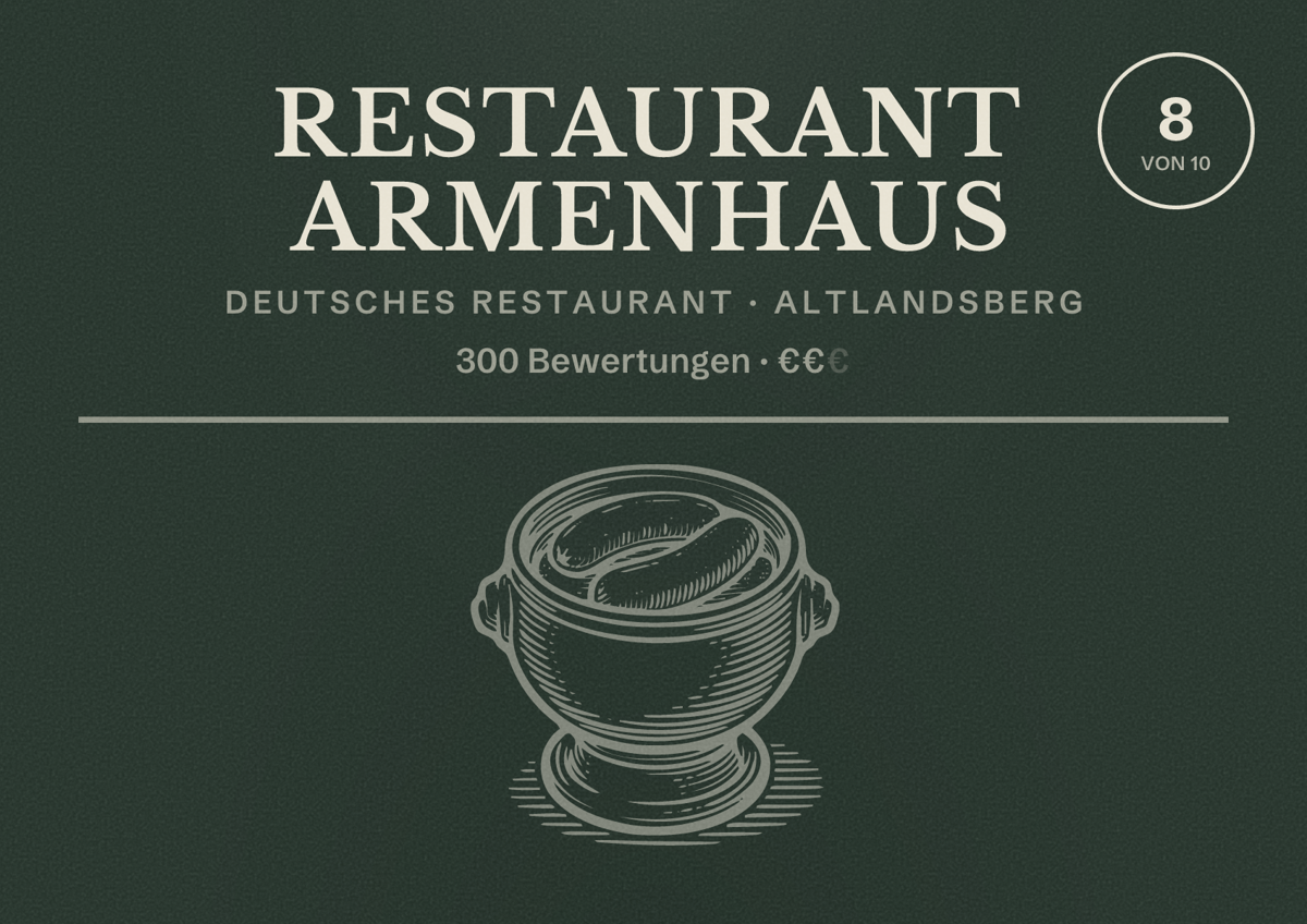 Illustriertes Poster von Restaurant Armenhaus, Deutsches Restaurant in Altlandsberg: Bewertung 8 von 10 aus 300 Bewertungen, Preisniveau €€