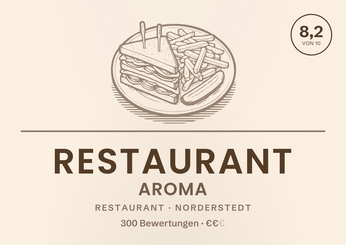 Illustriertes Poster von Restaurant Aroma, Restaurant in Norderstedt: Bewertung 8,2 von 10 aus 300 Bewertungen, Preisniveau €€