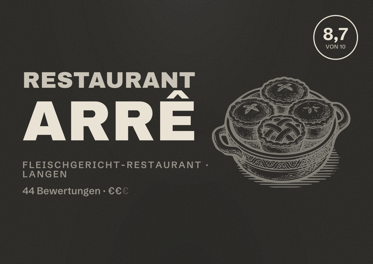 Illustriertes Poster von Restaurant Arrê, Fleischgericht-Restaurant in Langen: Bewertung 8,7 von 10 aus 44 Bewertungen, Preisniveau €€