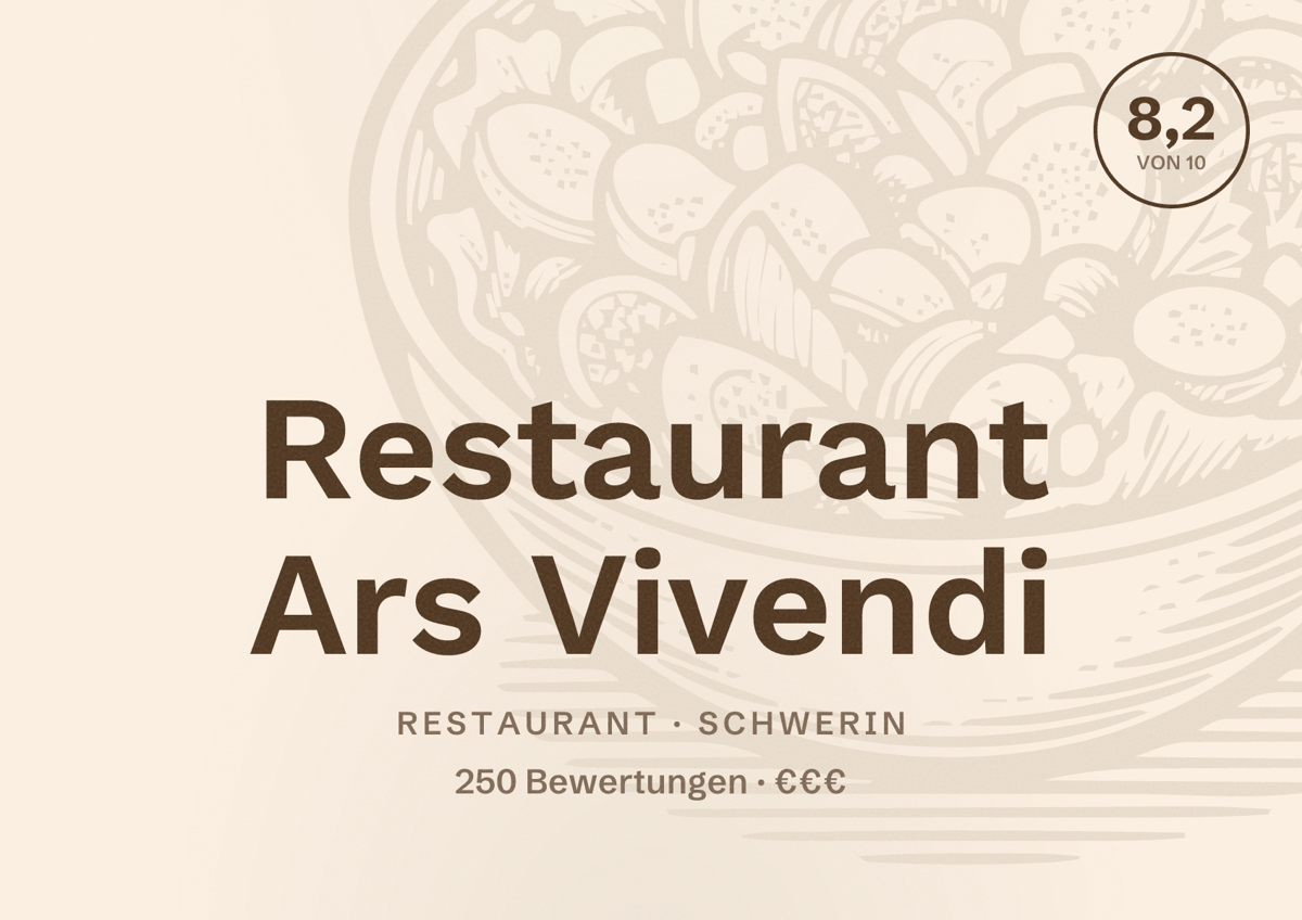 Illustriertes Poster von Restaurant Ars Vivendi, Restaurant in Schwerin: Bewertung 8,2 von 10 aus 250 Bewertungen, Preisniveau €€€