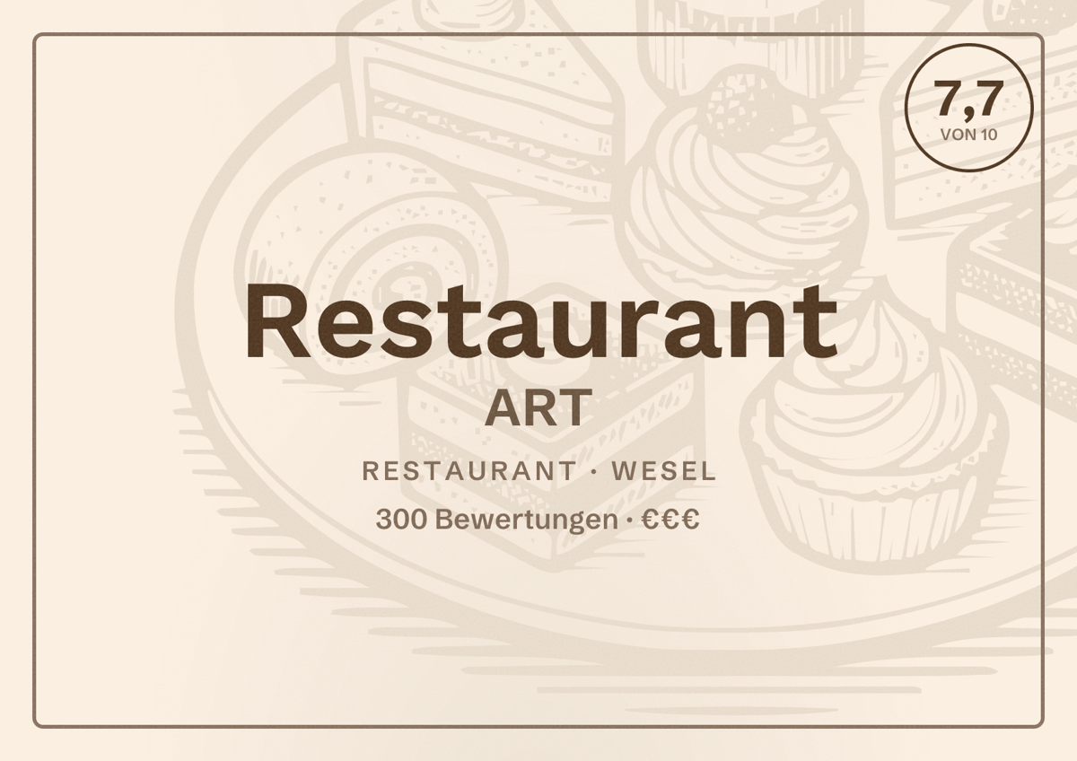 Illustriertes Poster von Restaurant ART, Restaurant in Wesel: Bewertung 7,7 von 10 aus 300 Bewertungen, Preisniveau €€€