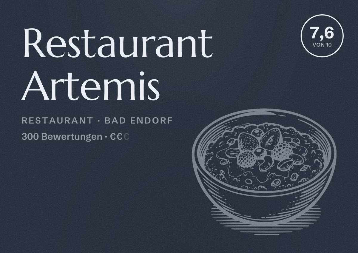 Illustriertes Poster von Restaurant Artemis, Restaurant in Bad Endorf: Bewertung 7,6 von 10 aus 300 Bewertungen, Preisniveau €€