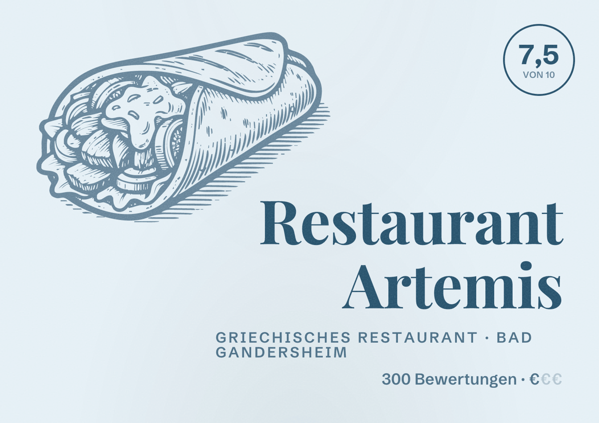 Illustriertes Poster von Restaurant Artemis, Griechisches Restaurant in Bad Gandersheim: Bewertung 7,5 von 10 aus 300 Bewertungen, Preisniveau €