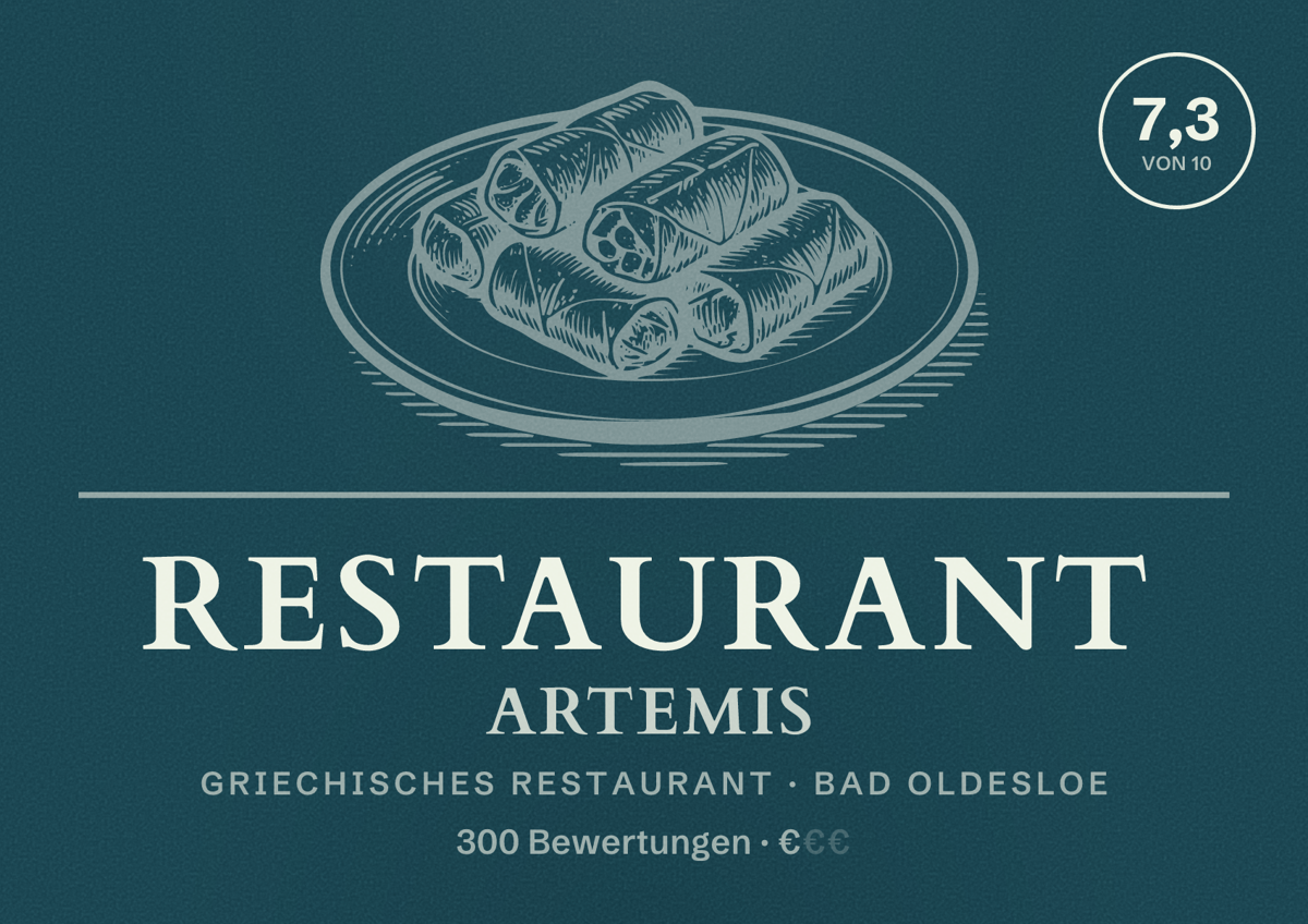 Illustriertes Poster von Restaurant Artemis, Griechisches Restaurant in Bad Oldesloe: Bewertung 7,3 von 10 aus 300 Bewertungen, Preisniveau €