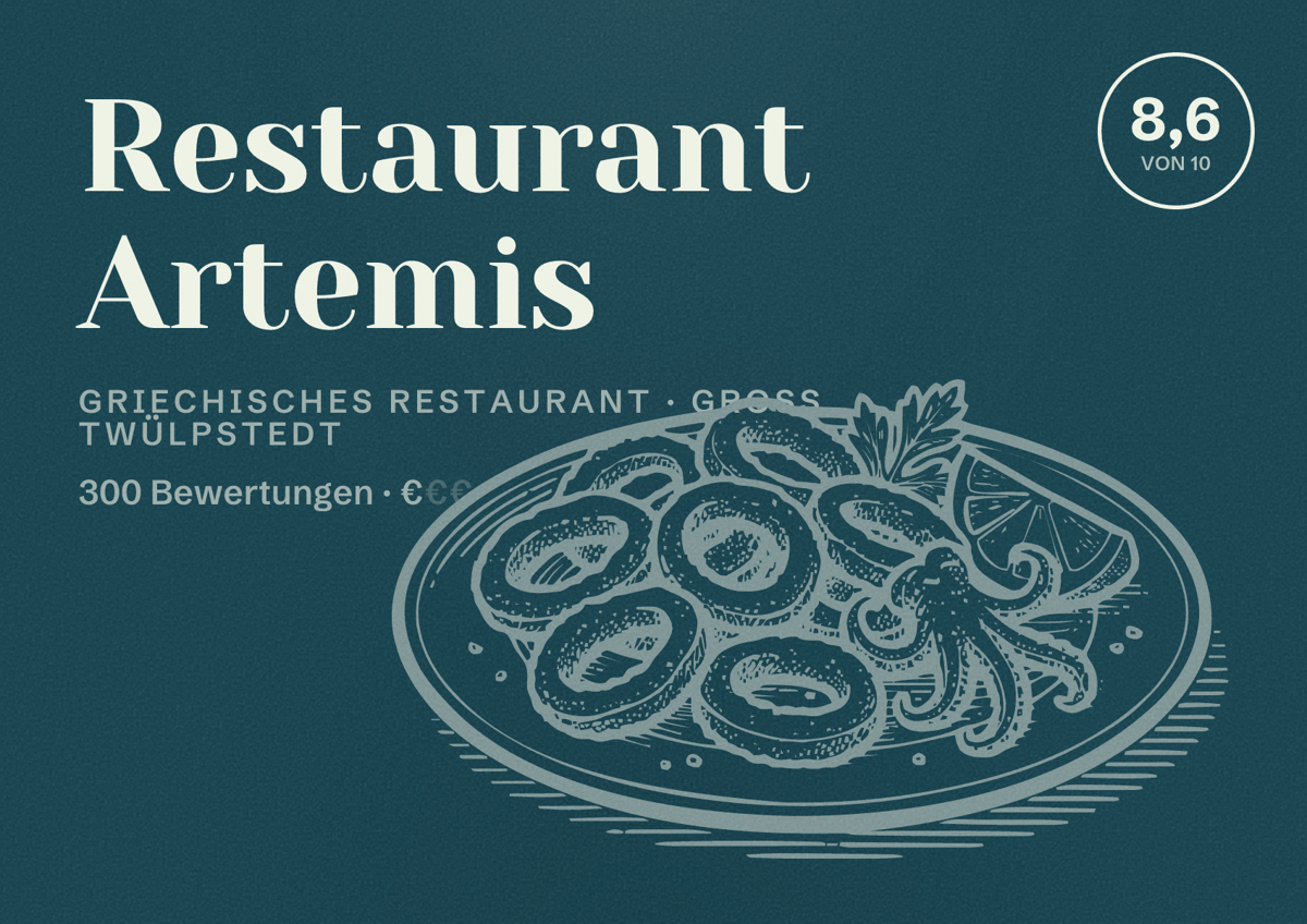 Illustriertes Poster von Restaurant Artemis, Griechisches Restaurant in Groß Twülpstedt: Bewertung 8,6 von 10 aus 300 Bewertungen, Preisniveau €