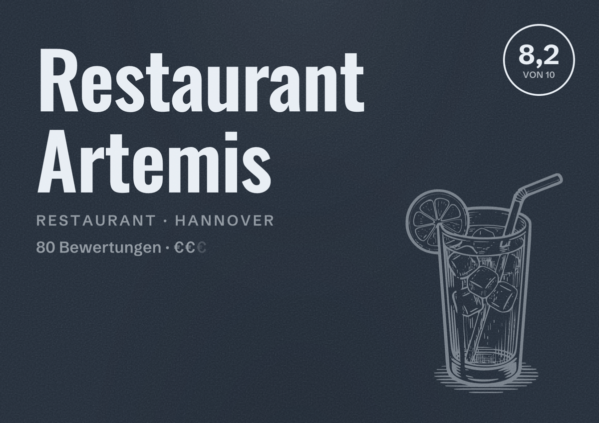 Illustriertes Poster von Restaurant Artemis, Restaurant in Hannover: Bewertung 8,2 von 10 aus 80 Bewertungen, Preisniveau €€