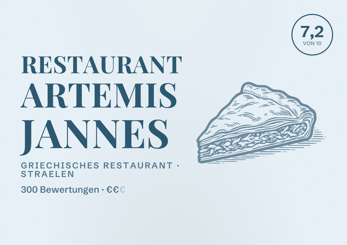 Illustriertes Poster von Restaurant Artemis Jannes, Griechisches Restaurant in Straelen: Bewertung 7,2 von 10 aus 300 Bewertungen, Preisniveau €€