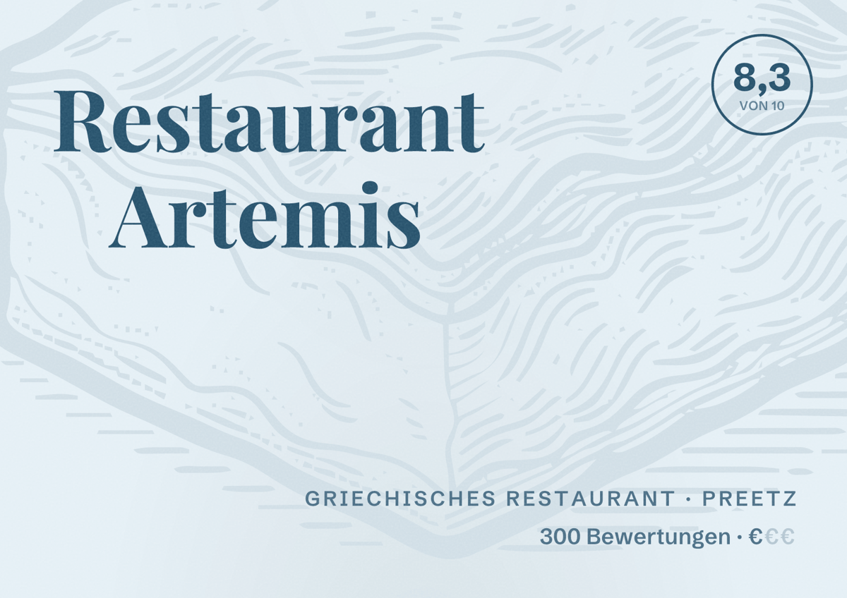 Illustriertes Poster von Restaurant Artemis, Griechisches Restaurant in Preetz: Bewertung 8,3 von 10 aus 300 Bewertungen, Preisniveau €