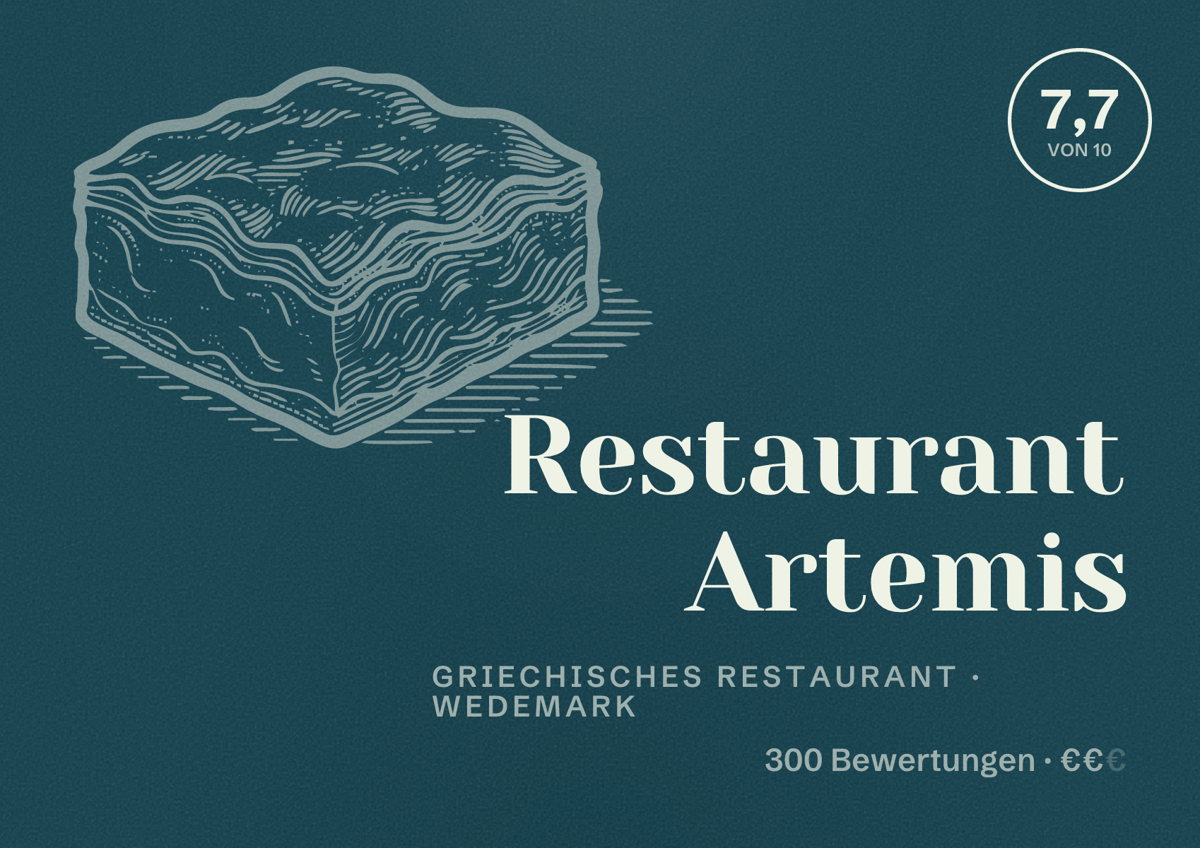 Illustriertes Poster von Restaurant Artemis, Griechisches Restaurant in Wedemark: Bewertung 7,7 von 10 aus 300 Bewertungen, Preisniveau €€