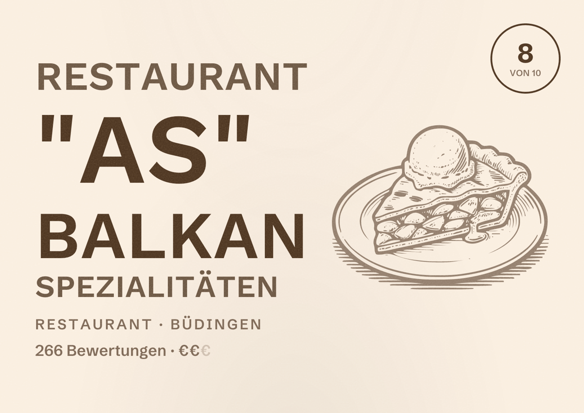 Illustriertes Poster von Restaurant "AS" Balkan Spezialitäten, Restaurant in Büdingen: Bewertung 8 von 10 aus 266 Bewertungen, Preisniveau €€