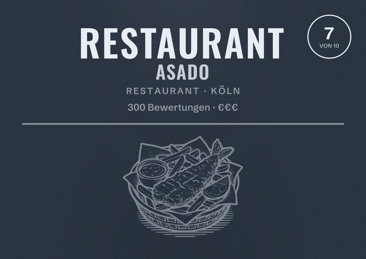 Illustriertes Poster von Restaurant Asado, Restaurant in Köln: Bewertung 7 von 10 aus 300 Bewertungen, Preisniveau €€€