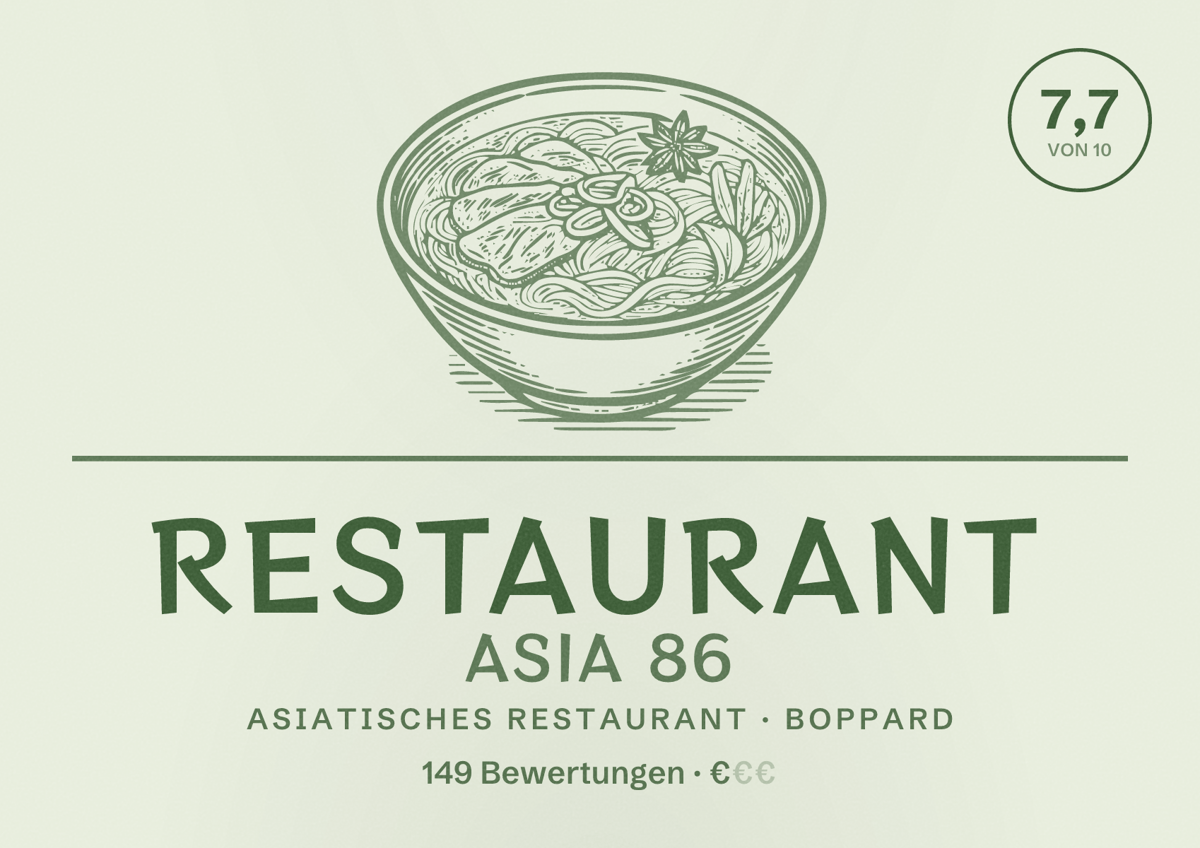 Illustriertes Poster von restaurant asia 86, Asiatisches Restaurant in Boppard: Bewertung 7,7 von 10 aus 149 Bewertungen, Preisniveau €